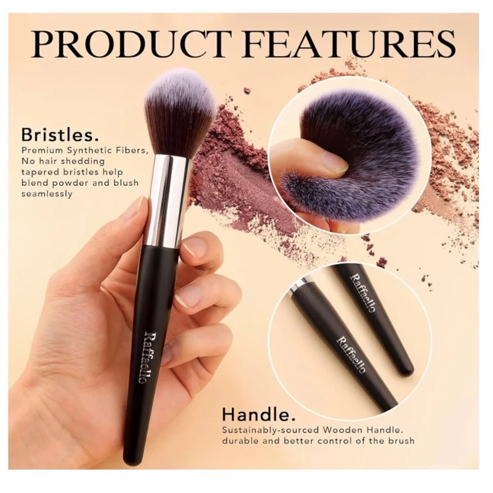 RAFFAELLO Flawless Powder Brush Black Handle Purple Bristles 8 inches